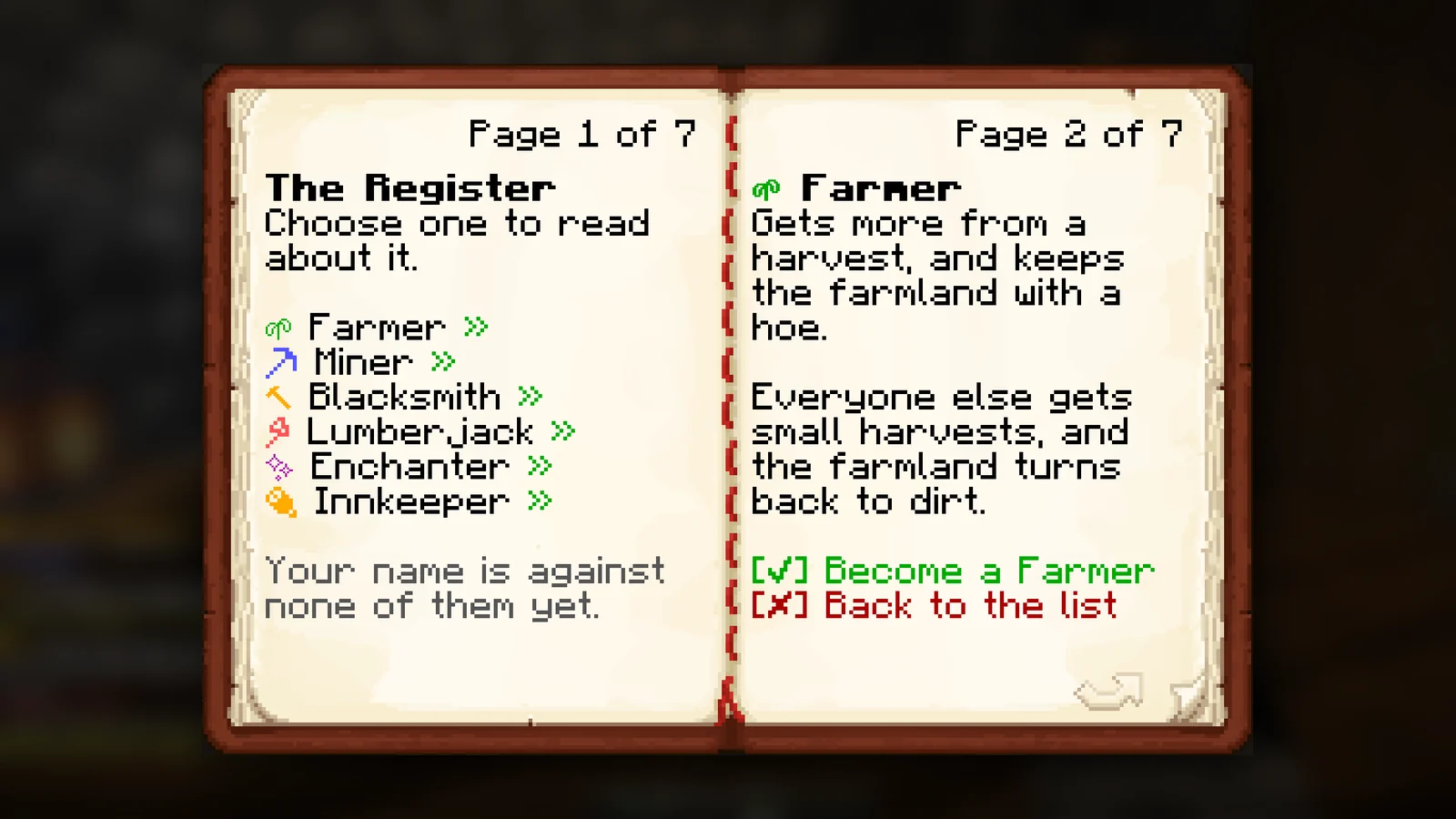 The Registrar’s register, open at the list of professions and the Farmer