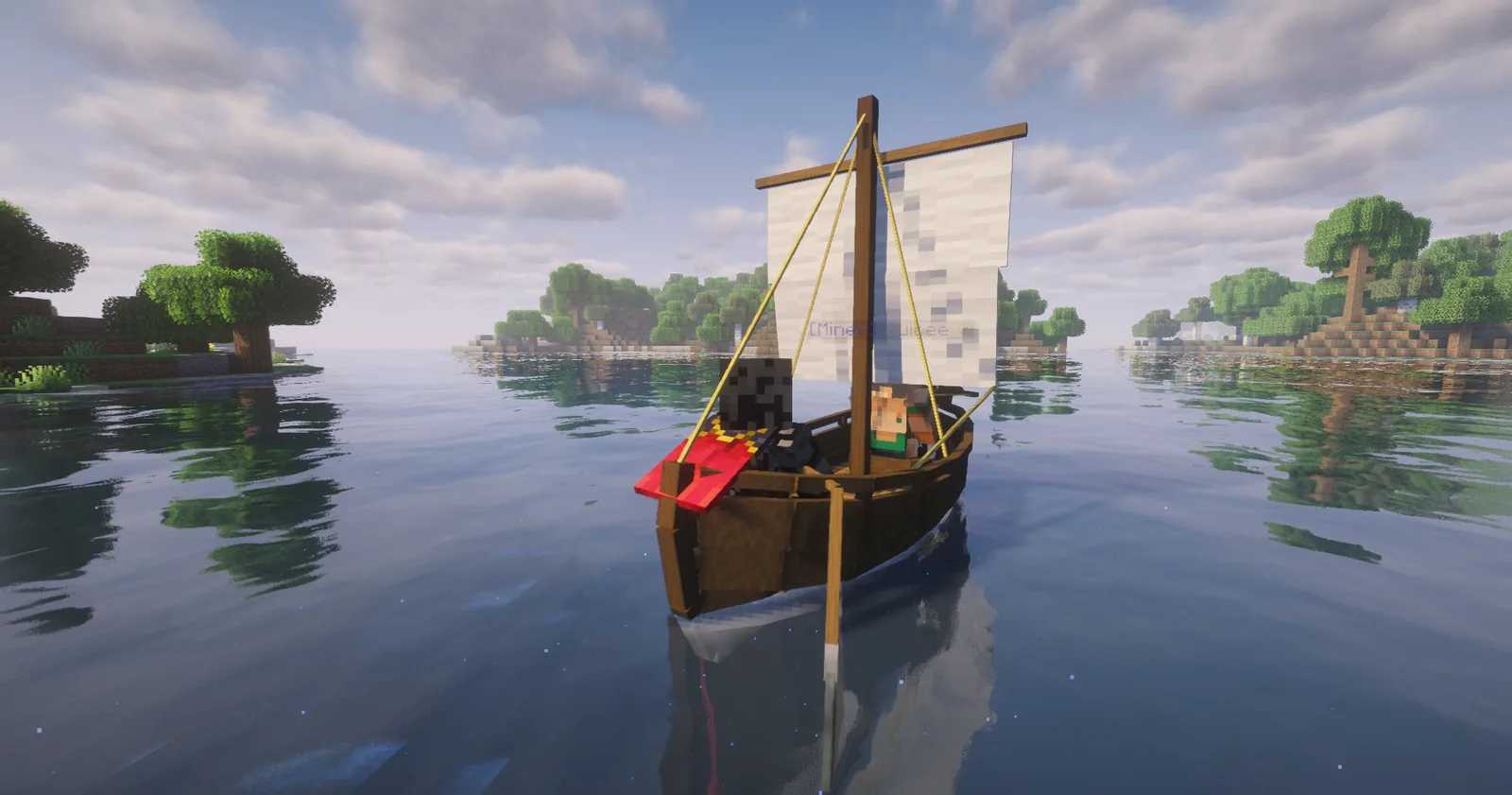 A ship under sail on calm water